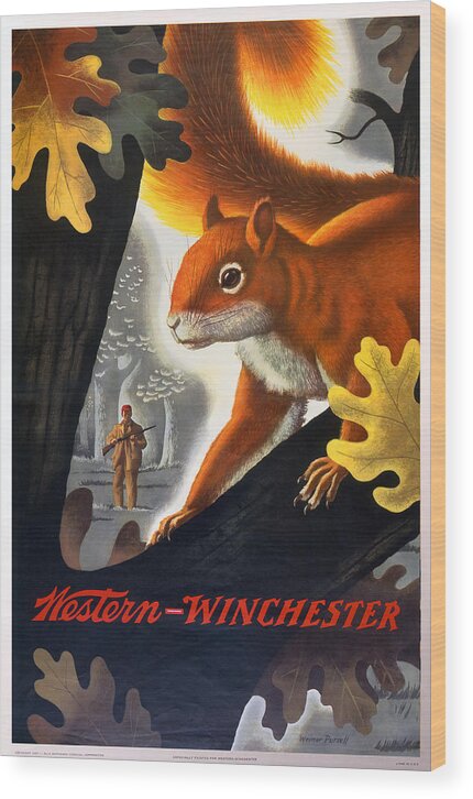 Outdoor Wood Print featuring the painting Winchester-Western Squirrel Hunting by Weimer Pursell