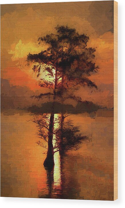 North Carolina Wood Print featuring the painting Cypress Trees at Sunrise AP by Dan Carmichael