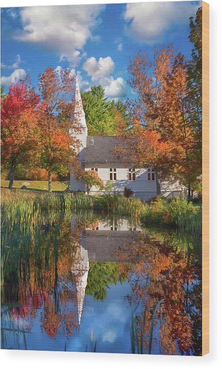 St Matthew's Chapel Wood Print featuring the photograph White Chapel in Autumn - White Mountains, NH by Joann Vitali