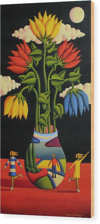 Flowers Wood Print featuring the painting Vase With Flowers And Figures by Alan Kenny