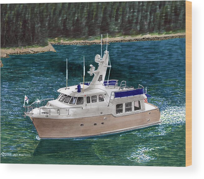 Nordhavn 50 Watercolor Art By Jack Pumphrey Wood Print featuring the painting 50 Nordhavn Trawler Yacht by Jack Pumphrey