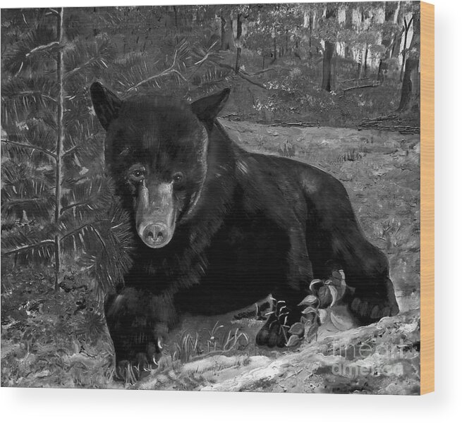 Black Bear Wood Print featuring the painting Black Bear - Scruffy - Black and White #2 by Jan Dappen