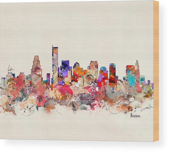 Boston City Skyline Wood Print featuring the painting Boston City Massachusetts #1 by Bri Buckley