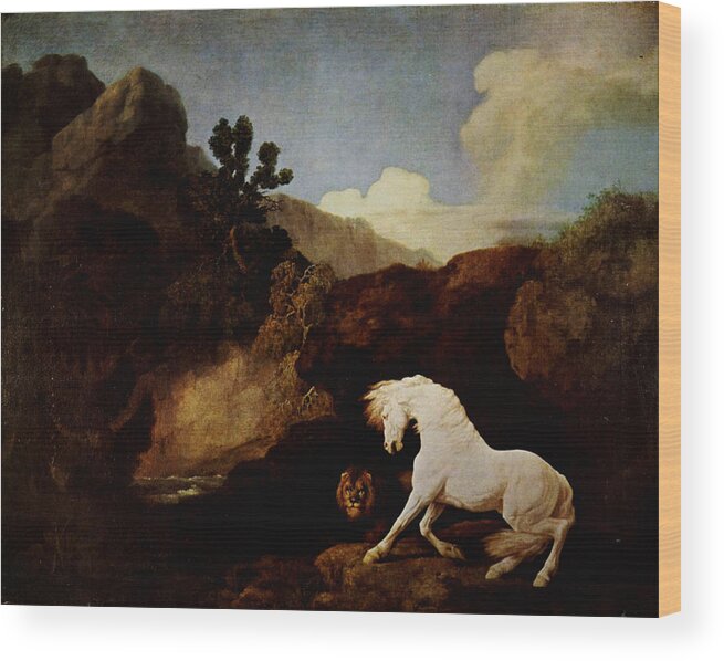 Horse Frightened By A Lion Wood Print featuring the painting Horse Frightened by a Lion #1 by Celestial Images