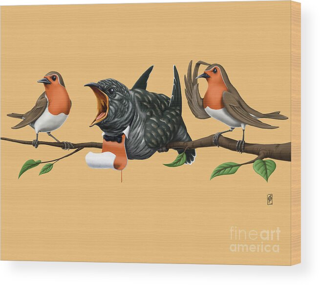 Cuckoo Wood Print featuring the drawing Cock Robin Colour by Rob Snow