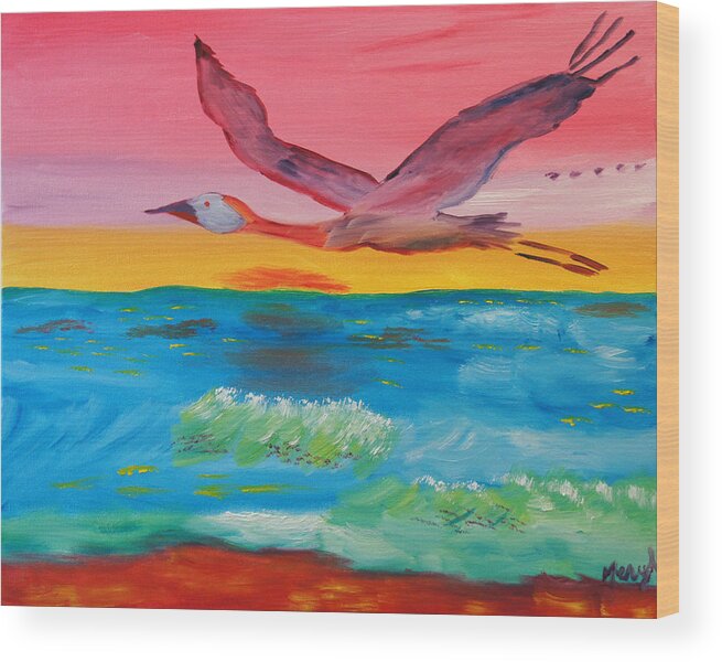 Crane Wood Print featuring the painting Flying Free by Meryl Goudey