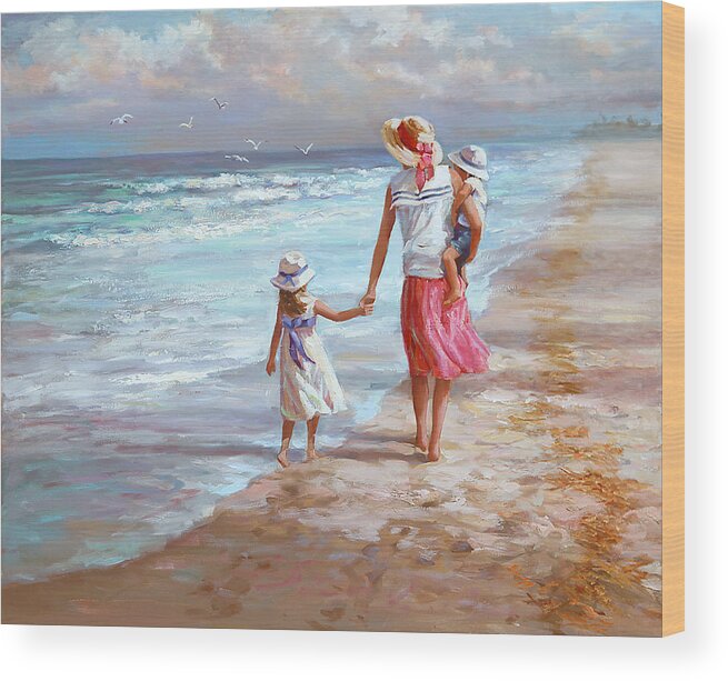 Mom And 2 Kids Wood Print featuring the painting Hand in hand by Laurie Snow Hein