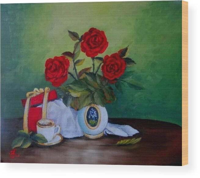 3 Roses Wood Print featuring the painting Roses 3 #2 by Fineartist Ellen