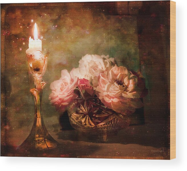 Vintage Still Life Wood Print featuring the photograph Roses By Candlelight by Theresa Tahara