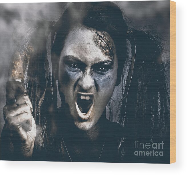 Face Wood Print featuring the photograph Spooky portrait of dead school girl giving finger #1 by Jorgo Photography