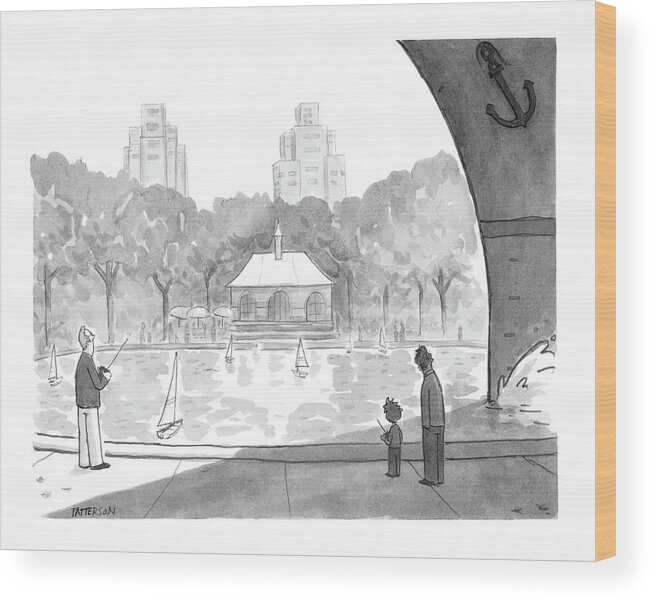 Regional New York City Problems
(bow Of Large Ship Casts A Shadow Over People Sailing Toy Sailboats In Central Park.)120846 Jpt Jason Patterson Wood Print featuring the drawing New Yorker April 25th, 2005 by Jason Patterson