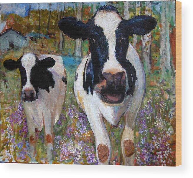 Primary Colors Wood Print featuring the painting Up Front Cows #1 by Paul Emory
