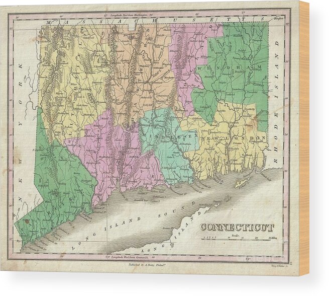 A Beautiful Example Of Finley's Important 1827 Map Of Connecticut. Depicts The State With Moderate Detail In Finley's Classic Minimalist Style. Shows River Ways Wood Print featuring the photograph 1827 Finley Map of Connecticut by Paul Fearn