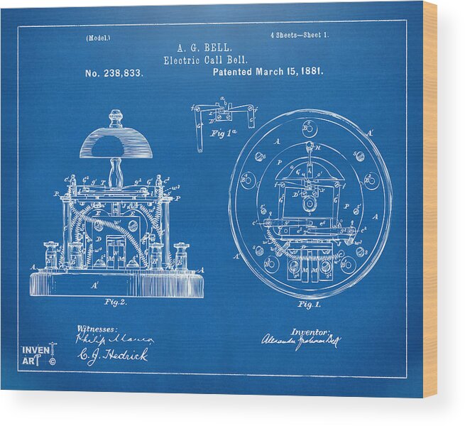 Alexander Graham Bell Wood Print featuring the digital art 1881 Alexander Graham Bell Electric Call Bell Patent Blueprint by Nikki Marie Smith