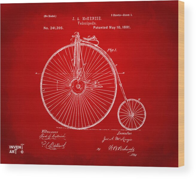 Velocipede Wood Print featuring the digital art 1881 Velocipede Bicycle Patent Artwork - Red by Nikki Marie Smith