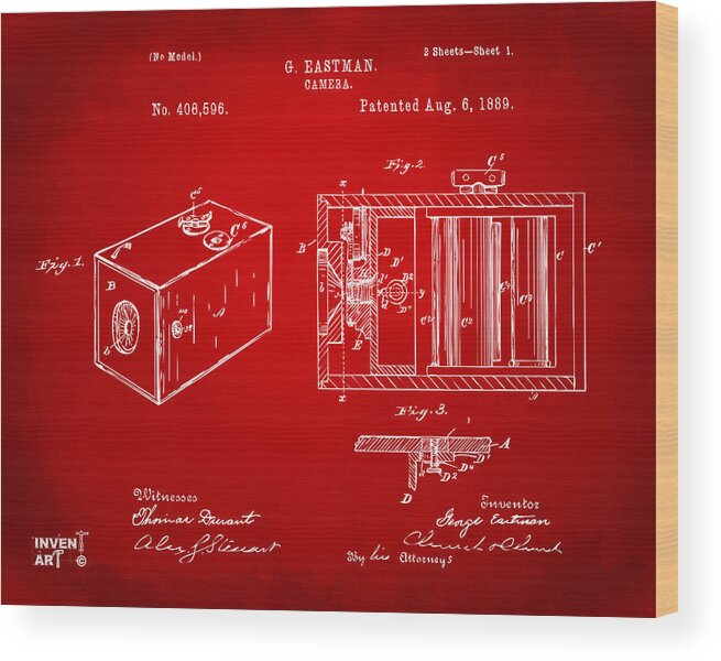 Camera Patent Wood Print featuring the digital art 1889 George Eastman Camera Patent Red by Nikki Marie Smith