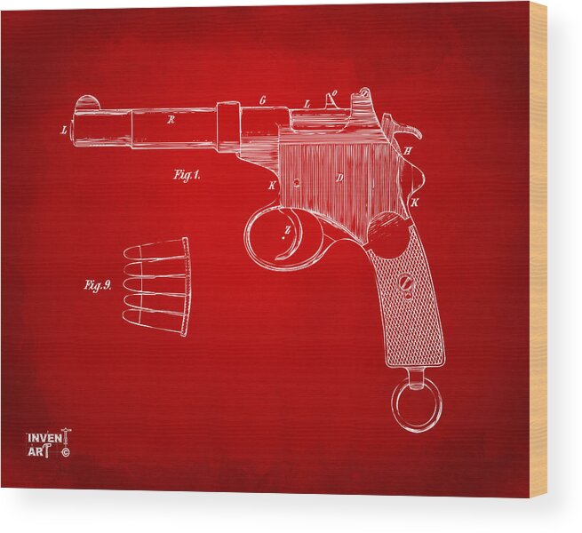 Gun Wood Print featuring the digital art 1897 Mannlicher Pistol Patent Minimal - Red by Nikki Marie Smith