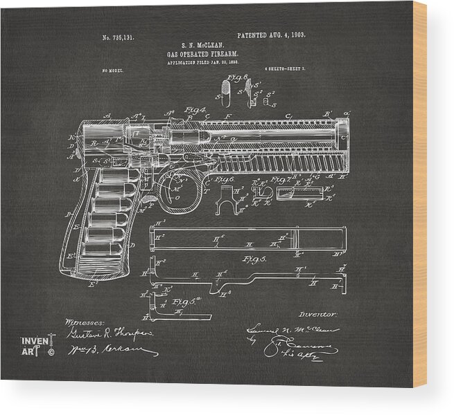Gun Wood Print featuring the digital art 1903 McClean Pistol Patent Artwork - Gray by Nikki Marie Smith