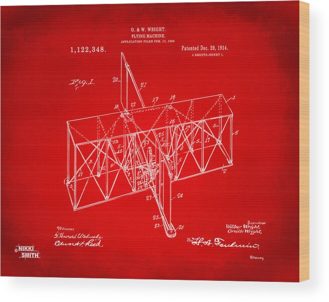 Wright Brothers Wood Print featuring the digital art 1914 Wright Brothers Flying Machine Patent Red by Nikki Marie Smith
