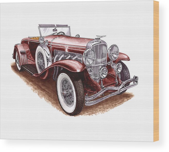 An Art Print Using Colored Pencils Of A 1930 Duesenberh Model J Roadster Coupe Wood Print featuring the mixed media 1930 Dusenberg Model J by Jack Pumphrey