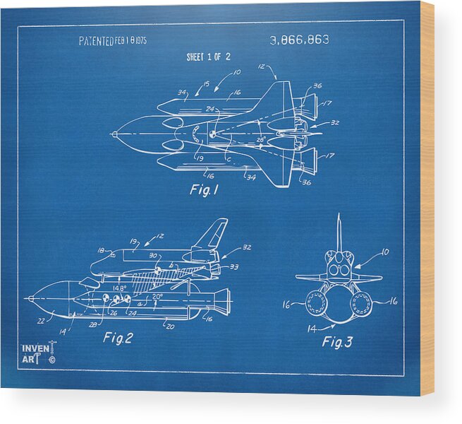 Space Ship Wood Print featuring the digital art 1975 Space Shuttle Patent - Blueprint by Nikki Marie Smith