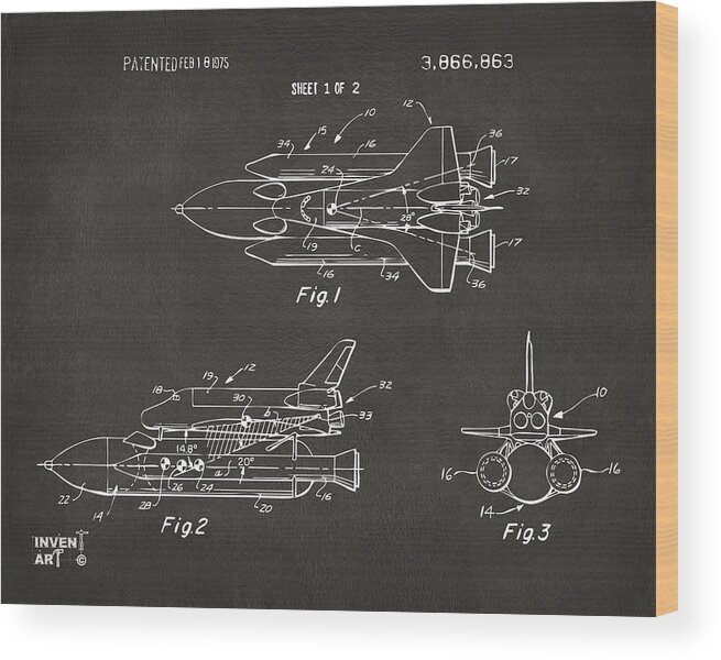 Space Ship Wood Print featuring the digital art 1975 Space Shuttle Patent - Gray by Nikki Marie Smith