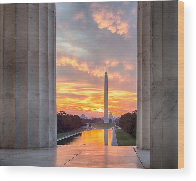 Washington Wood Print featuring the photograph Brilliant sunrise over reflecting pool DC by Steven Heap