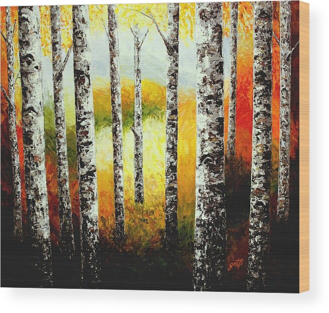 Birch Tree Wood Print featuring the painting Fall Birches Beauty palette knife painting by Georgeta Blanaru
