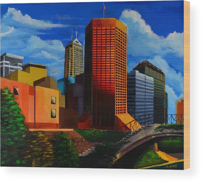 Landscape Wood Print featuring the painting Indianapolis Cityscape #3 by P Dwain Morris