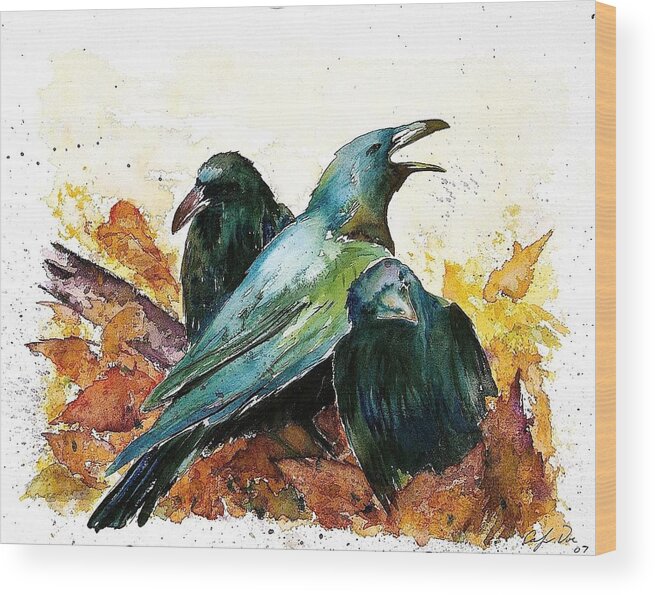 Ravens Wood Print featuring the painting 3 Ravens by Carolyn Doe