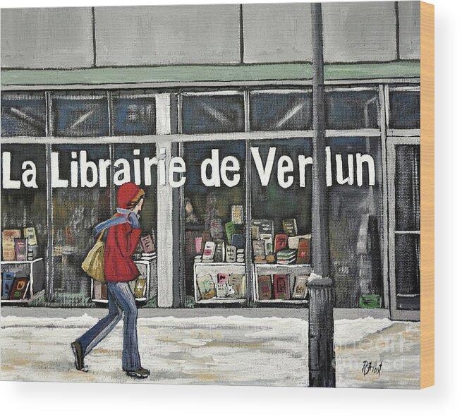 La Librairie De Verdun Wood Print featuring the painting A Cold Day in Verdun Librairie de Verdun by Reb Frost