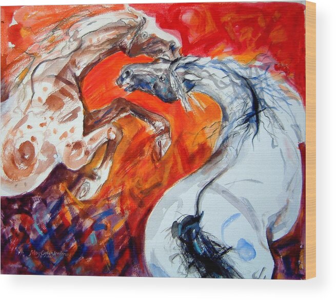 Horses Wood Print featuring the painting A confrontation by Mary Armstrong