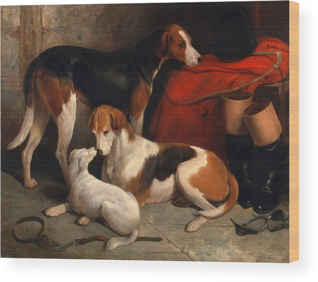 William Barraud Wood Print featuring the painting A Couple of Foxhounds with a Terrier the property of Lord Henry Bentinck by William Barraud