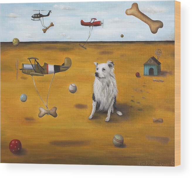 Dog Wood Print featuring the painting A Dogs Dream by Leah Saulnier The Painting Maniac