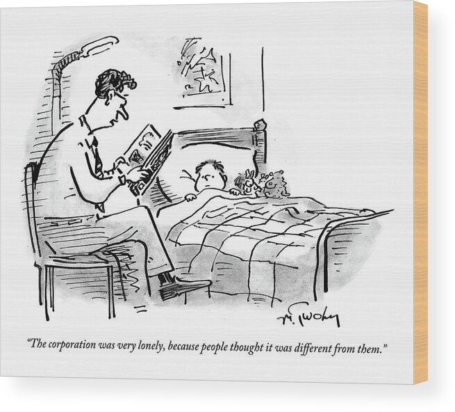 #condenastnewyorkercartoon Wood Print featuring the drawing A Father Tucks His Son Into Bed With A Bedtime by Mike Twohy