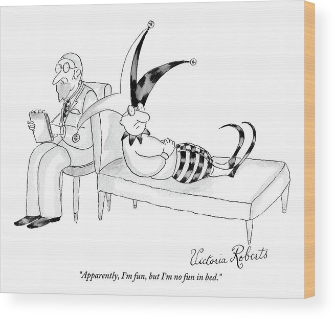 Jester Wood Print featuring the drawing A Jester Lays In A Therapist Couch by Victoria Roberts