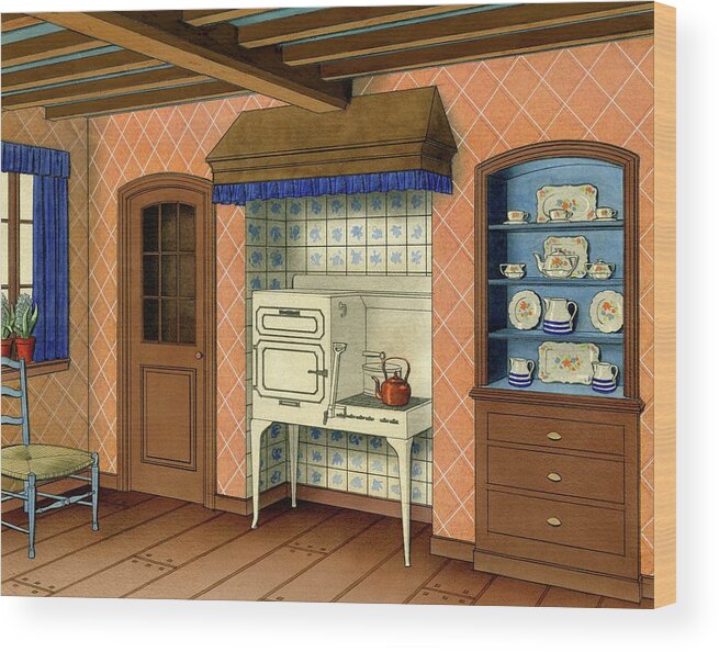 Kitchen Wood Print featuring the digital art A Kitchen With An Old Fashioned Oven And Stovetop by Allen Saalburg
