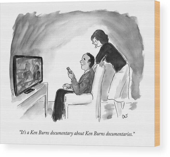 Ken Burns Wood Print featuring the drawing A Man And Wife Watch Television by Carolita Johnson