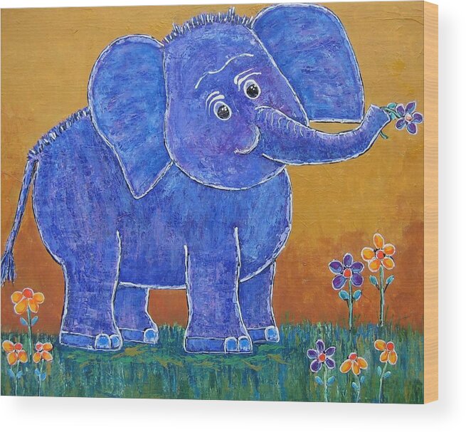 Elephant Wood Print featuring the painting A Very Happy Day by Suzanne Theis