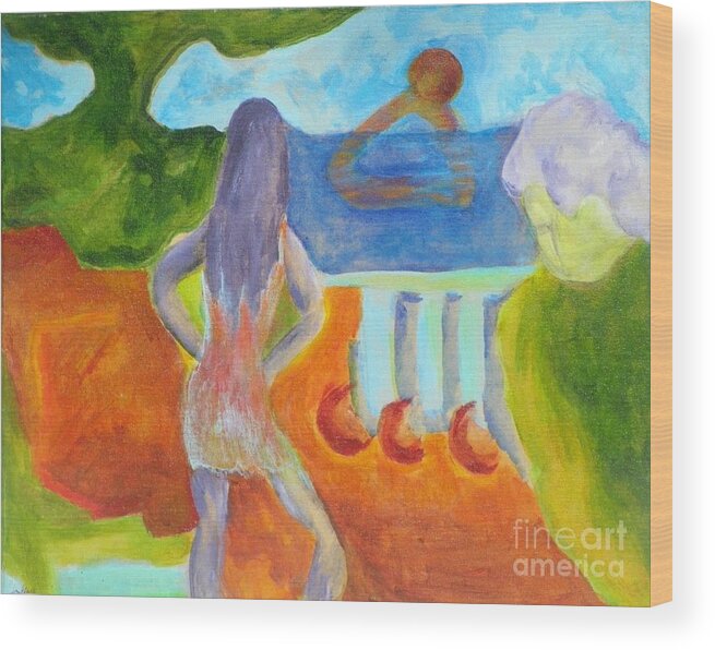 Abstract Landscape With Figures Wood Print featuring the painting A Way to Sea- Caprian Beauty Series 1 by Elizabeth Fontaine-Barr