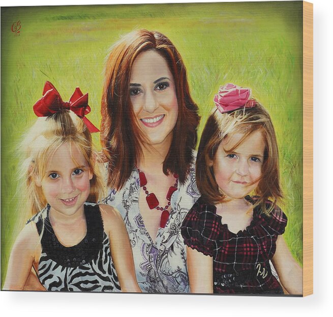 Family Portraits Wood Print featuring the painting Abby and the Girls by Glenn Beasley