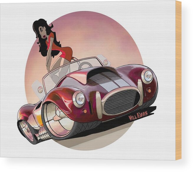 Car Wood Print featuring the painting AC Cobra with pretty girl by Will Enns