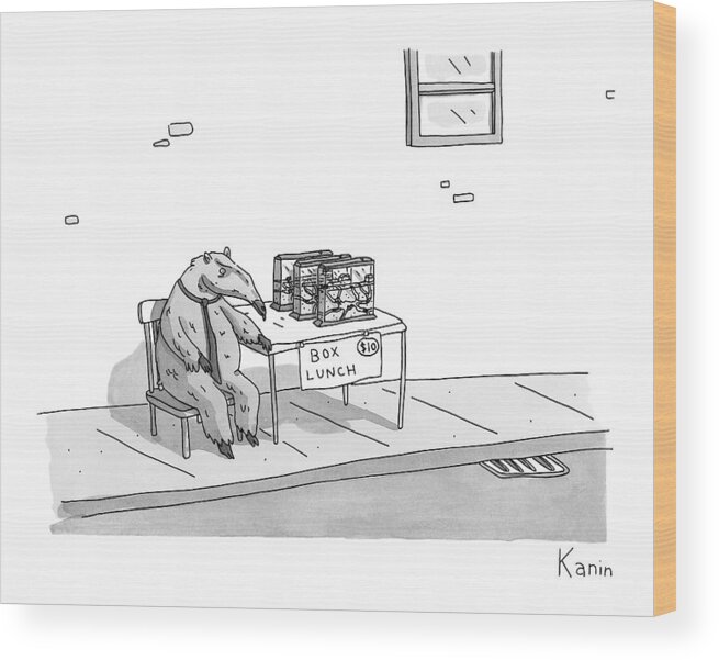 Captionless Animals Wood Print featuring the drawing An Anteater Sells Box Lunch -- Ant Farms by Zachary Kanin