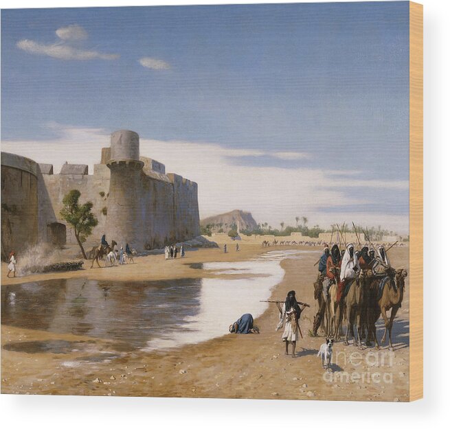 Academic Wood Print featuring the painting An Arab Caravan outside a Fortified Town by Jean Leon Gerome