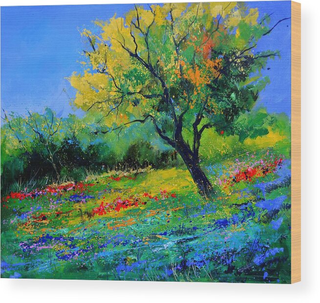 Landscape Wood Print featuring the painting An oak amid flowers in Texas by Pol Ledent