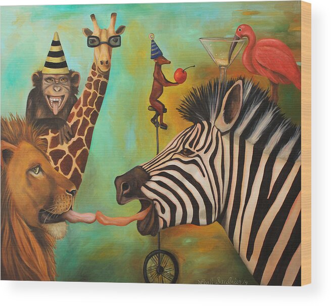 Chimp Wood Print featuring the painting Animals Gone Wild by Leah Saulnier The Painting Maniac