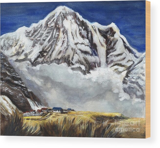 Mountain Wood Print featuring the painting Annapurna l Mountain in Nepal by Carol Wisniewski