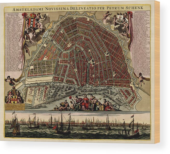 Amsterdam Wood Print featuring the drawing Antique Map of Amsterdam by Pieter Schenk - circa 1702 by Blue Monocle
