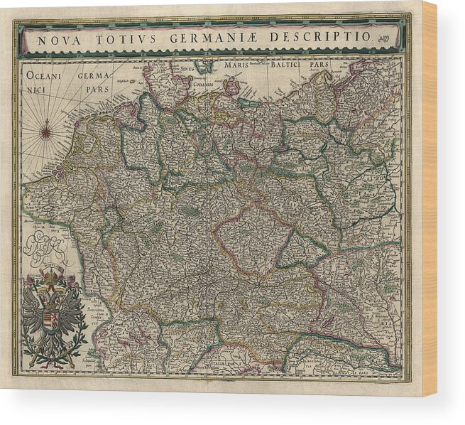 Germany Wood Print featuring the drawing Antique Map of Germany by Willem Janszoon Blaeu - 1647 by Blue Monocle