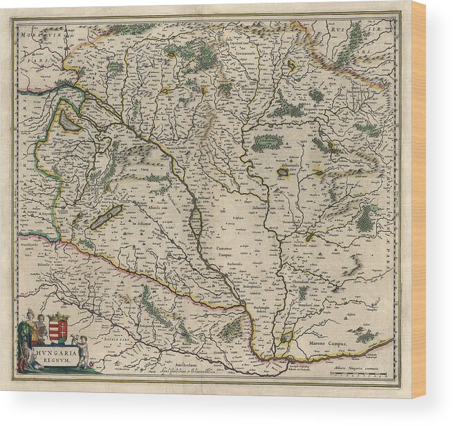 Hungary Wood Print featuring the drawing Antique Map of Hungary by Willem Janszoon Blaeu - 1647 by Blue Monocle